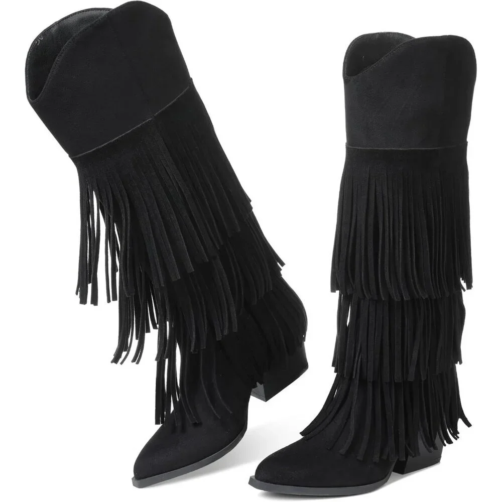 Women's Black Retro Pointed Toe Pull On Block Chunky Heel Fringe Country